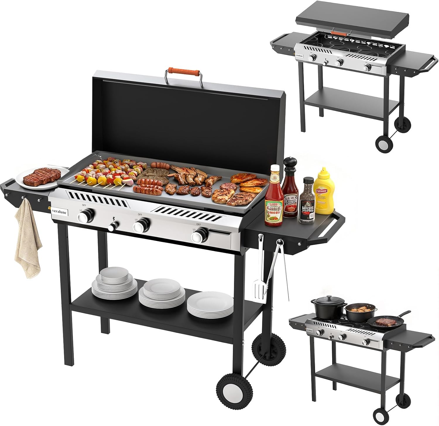 Veralune 3 Burner Outdoor Propane Gas Stove with Griddle, Ignition & Side Shelves, 225,000 BTU Powerful Stand Cooker for Backyard Patio Cooking Home Brewing Canning Turkey Frying