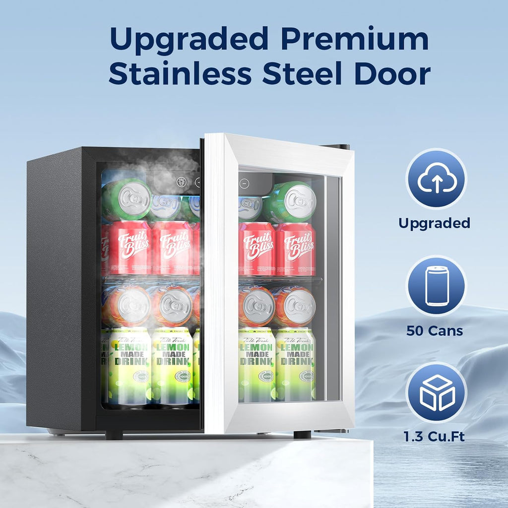 Beverage Refrigerator, 50 Cans Commercial Mini Fridge Cooler, 1.3 Cu.ft with Glass Door, Adjustable Shelves, Digital Temperature Freestanding Small Drink Fridge Soda Beer or Wine for Home Dorm Bar