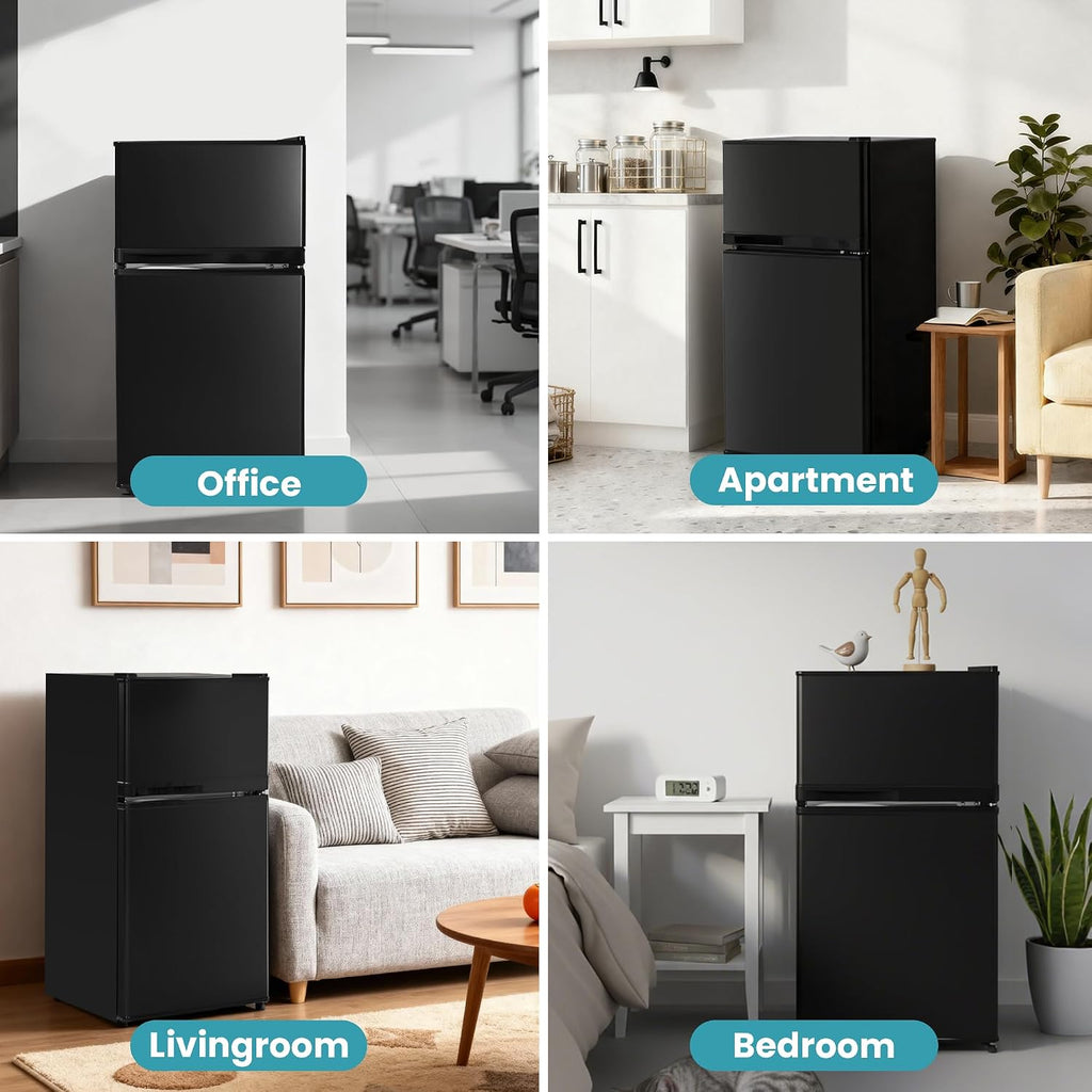 Tehanld Double Door Refrigerator with Freezer, 3.55 Cu.Ft, Small Fridge with Freezer, 7 Settings Temperature Adjustable, Mini Refrigerator for Office and Apartment Bedroom Dorm(3.55 Cu.Ft, Black)