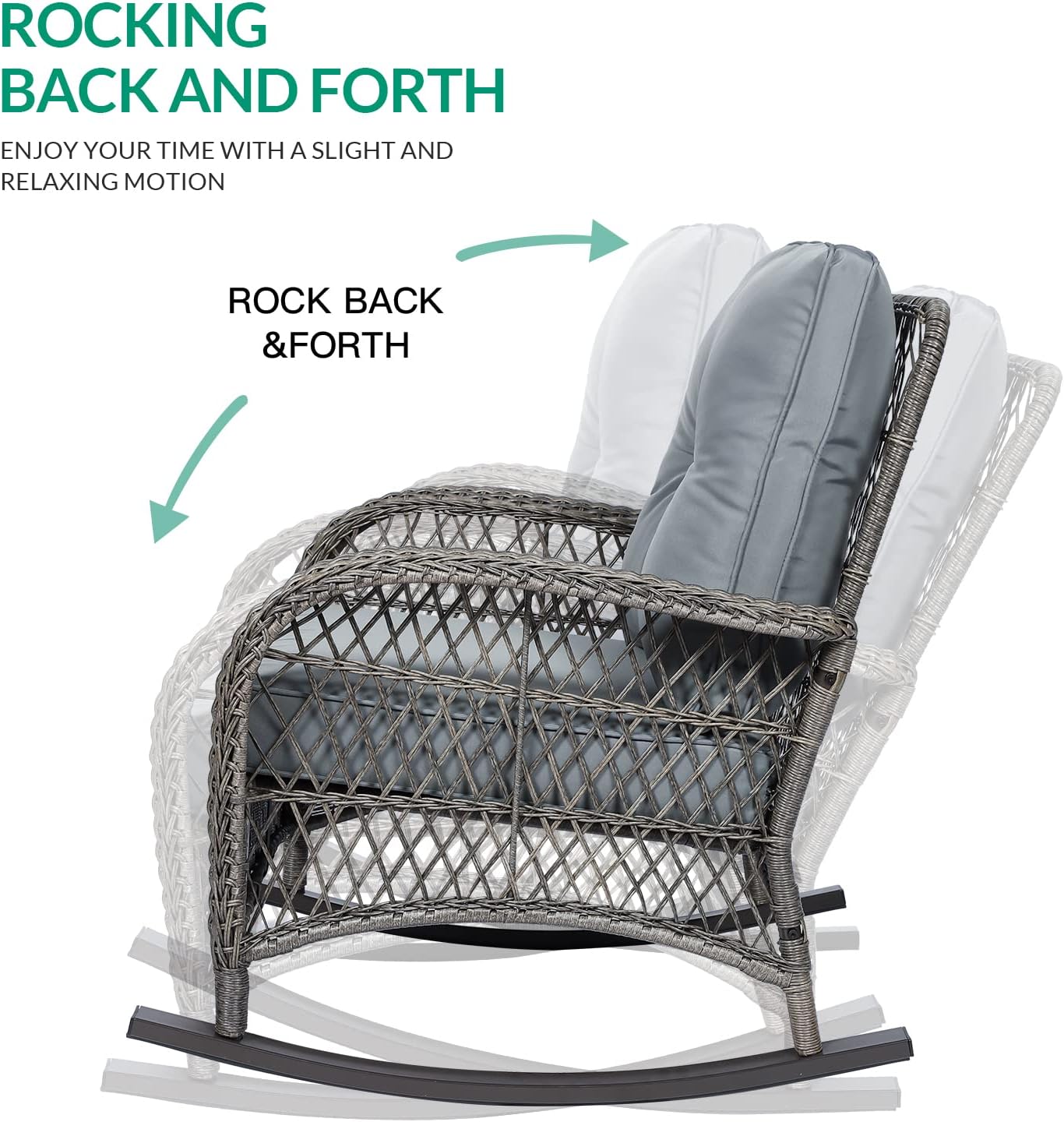 VIVIJASON Outdoor Wicker Rocking Chair, Patio Rattan Rocker Chair with Cushions & Steel Frame, All-Weather Rocking Lawn Wicker Furniture for Garden Backyard Porch (Grey)