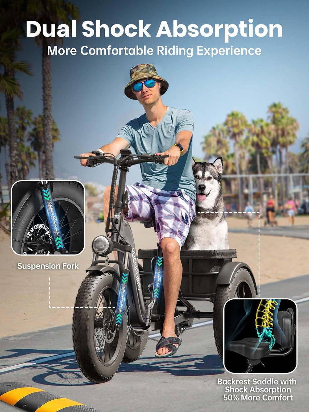 PUCKIPUPPY Electric Tricycle for Adult with 960W Peak Motor, 60 Miles Range Pickup Class Trike, 500 Lbs Load Electric Trike with Rear Differential and 20' Fat Tires, 48V 17.4AH Cell Battery, Husky