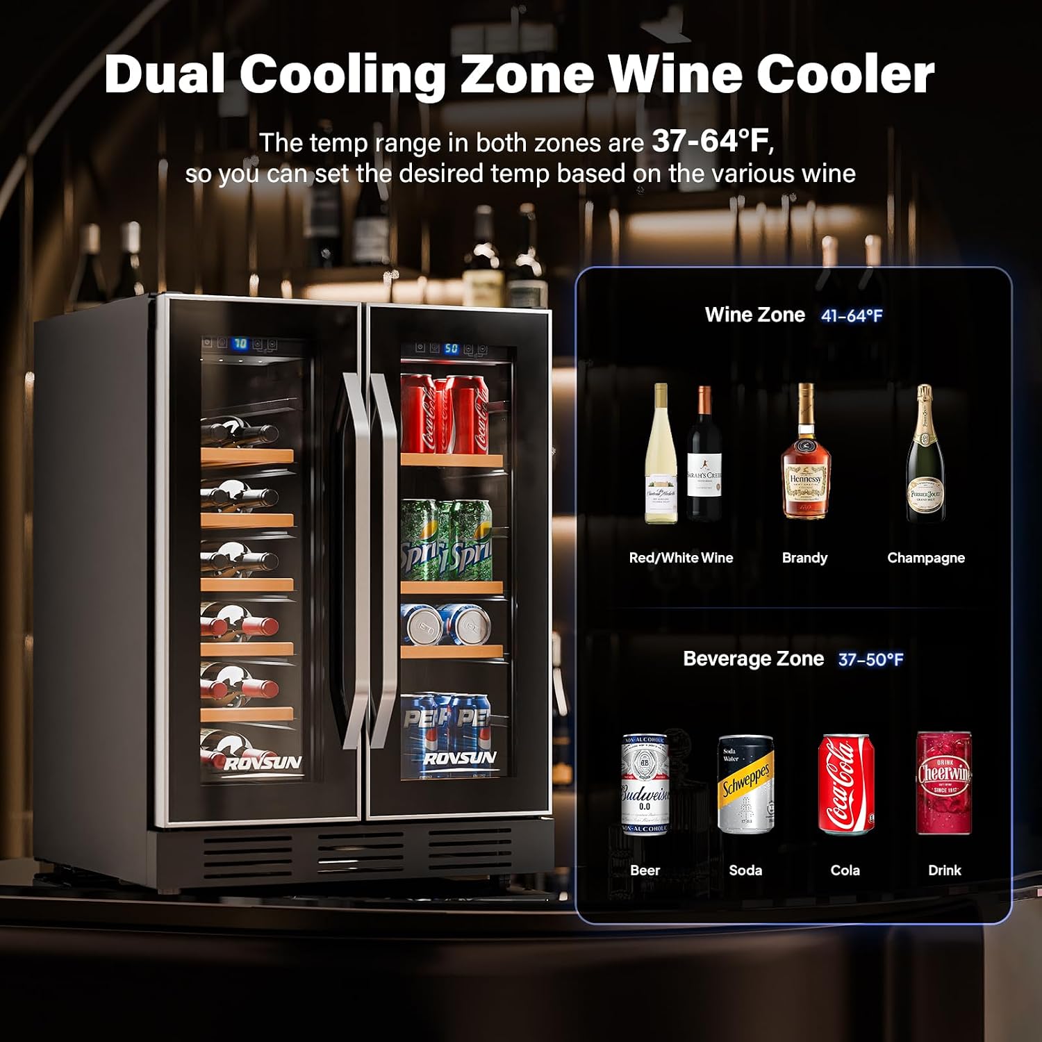 ROVSUN 17 Bottles & 61 Cans Wine and Beverage Refrigerator, Dual Zone Wine Cooler with 37-64°F Temp Control & LED Light, Built-in/Freestanding/Under Counter Wine Fridge for Red Wine, Champagne, Beer