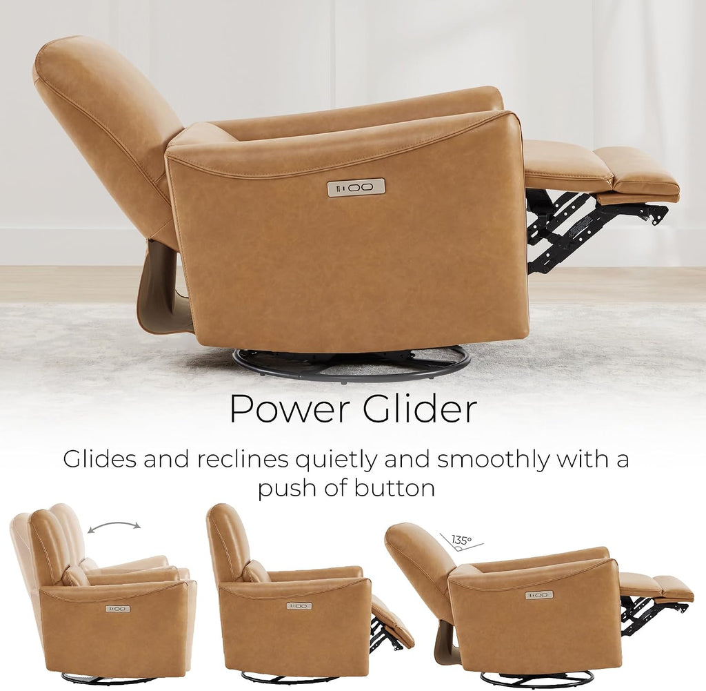 CHITA Oversized Power Recliner Chair Swivel Glider for Big and Tall, FSC Certified Faux Leather Living Room Nursery Rocking Chair with Lumbar Support, Cognac Brown
