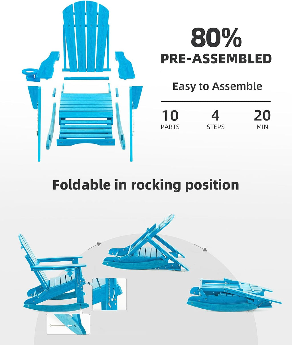 Folding Adirondack Rocking Chair Set of 2,4-in-1 Multifunctional Patio Chairs with Retractable Ottoman, Outdoor Chairs Wood Texture, Lawn Chair for Porch, Backyard, Pool(Pacific Blue)