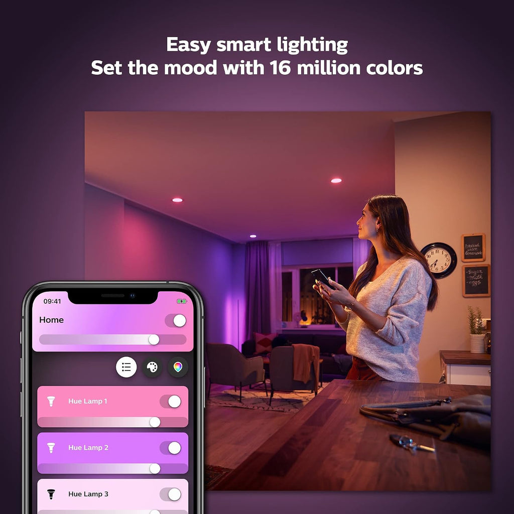 Philips Hue Smart Lighting Bundle: 3-Pack A19 LED Smart Light Bulbs (White and Color Ambiance) with Philips Hue Bridge — Control with Hue App, Compatible with Alexa, Google Assistant, Apple Homekit