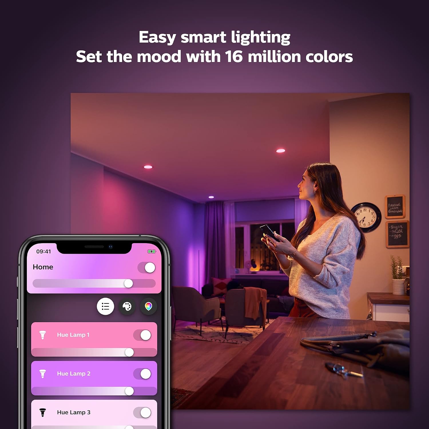 Philips Hue Smart Lighting Bundle: 3-Pack A19 LED Smart Light Bulbs (White and Color Ambiance) with Philips Hue Bridge — Control with Hue App, Compatible with Alexa, Google Assistant, Apple Homekit