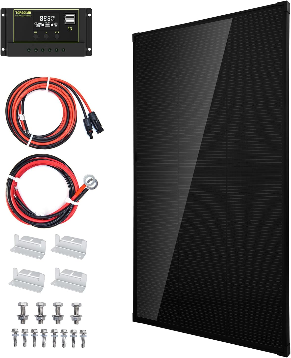 Topsolar Solar Panel Kit 170 Watt 12 Volt Monocrystalline Off Grid System for Homes RV Boat + 30A 12V/24V Solar Charge Controller + Solar Cables + Z-Brackets for Mounting