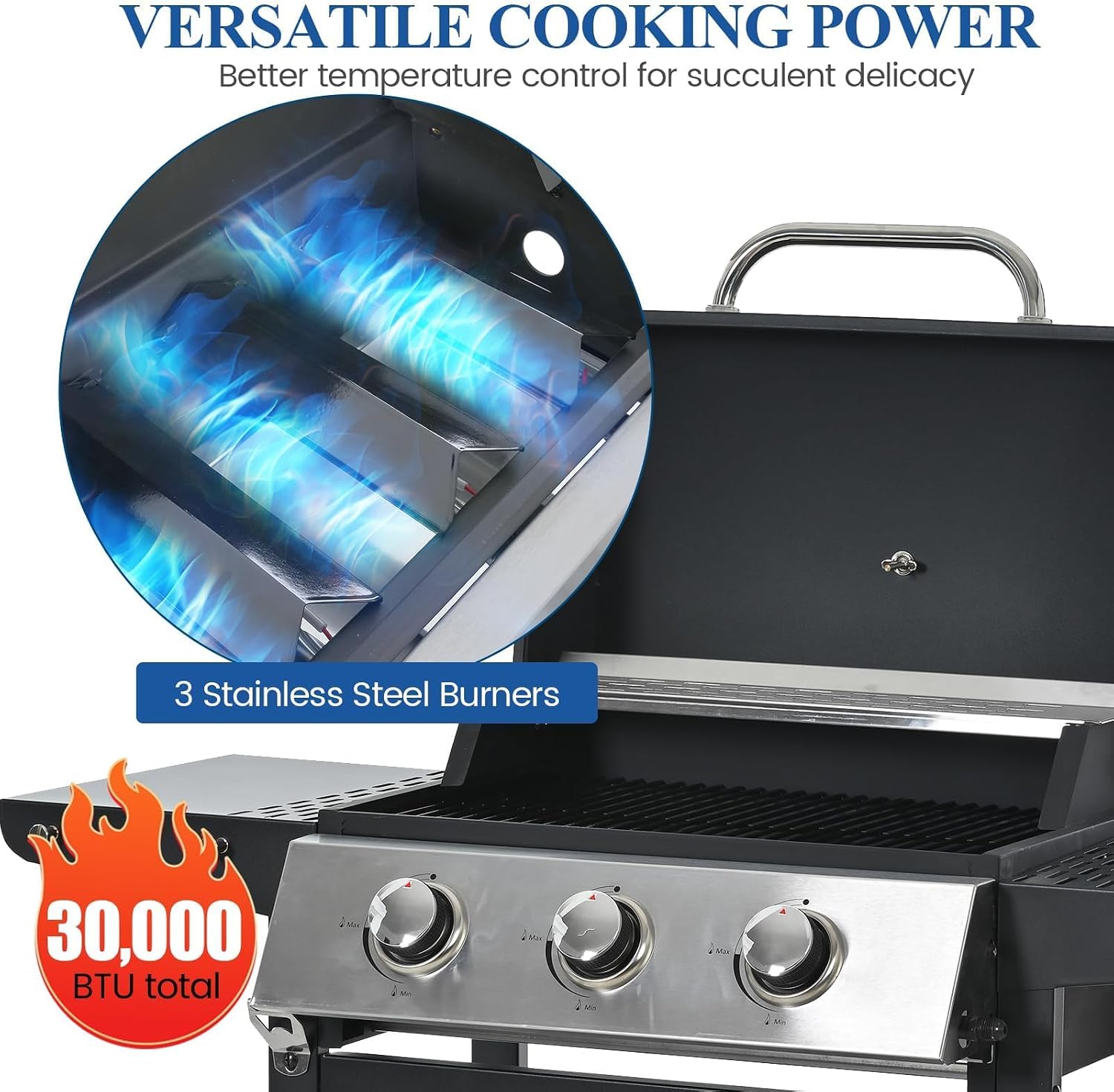3-Burner Propane Gas Grill, 30,000 BTU Stainless Steel Outdoor BBQ Grill with Lid, Side Shelves & Wheels for Patio, Garden and Backyard Cooking