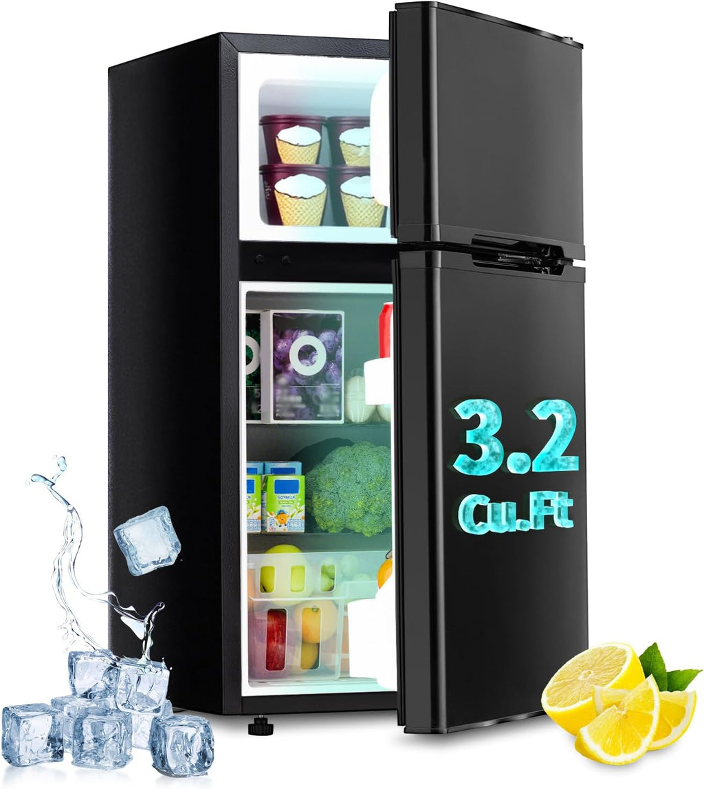 3.2 Cu.Ft Mini Fridge with Freezer, Double Door Small Refrigerator, Dorm Fridge with 3 Adjustable Thermostat, Energy Saving, Low Noise, Compact Refrigerator for Office, Bedroom, Dorm, Black