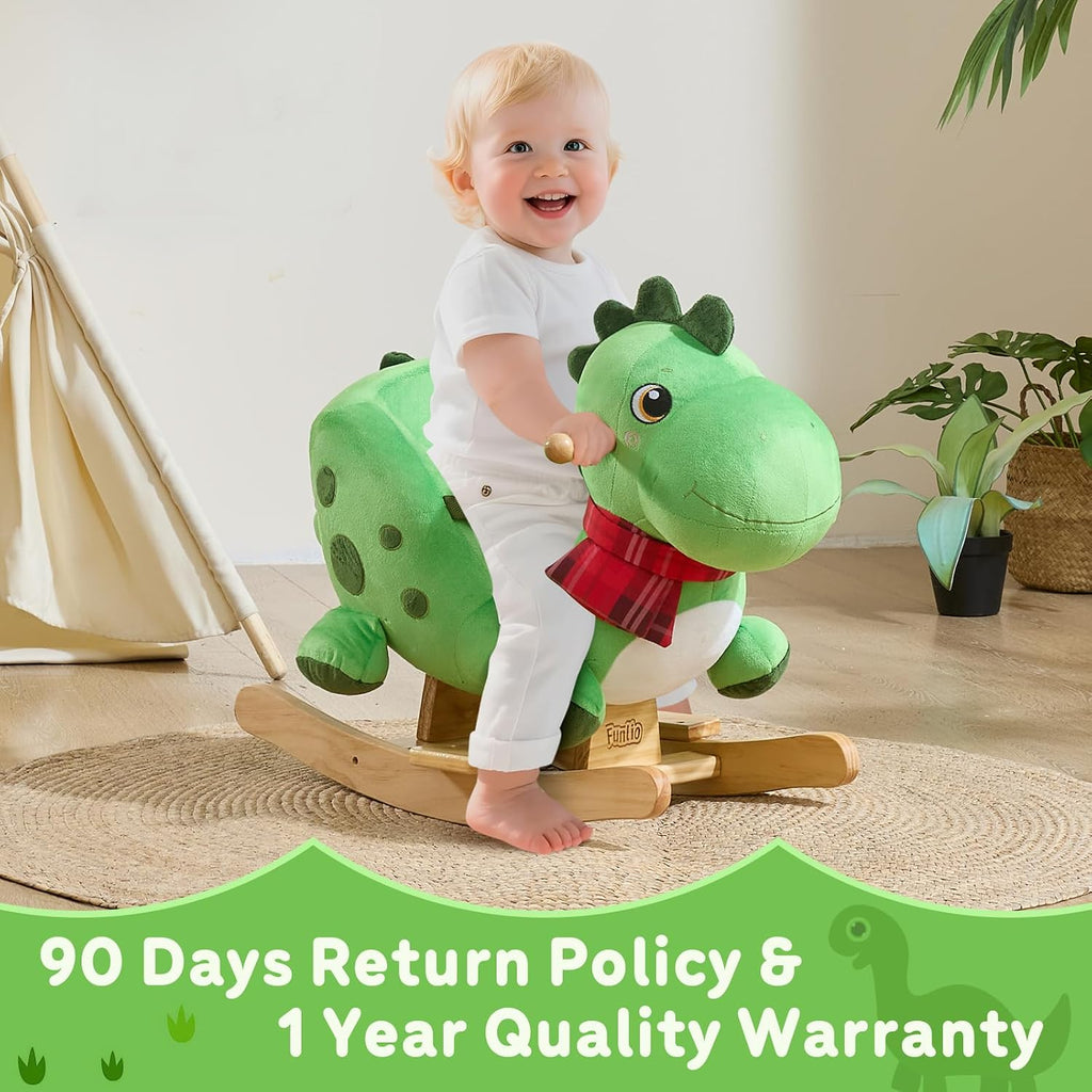 FUNLIO Dino Rocking Horse for Toddlers 1-3 Years, Premium Green Plush Rocking Dino with Soft Spikes, Big Eyes & Lovely Smile, Vibrant Colors & Realistic Scales, Easy to Assemble, CPC & CE Certified