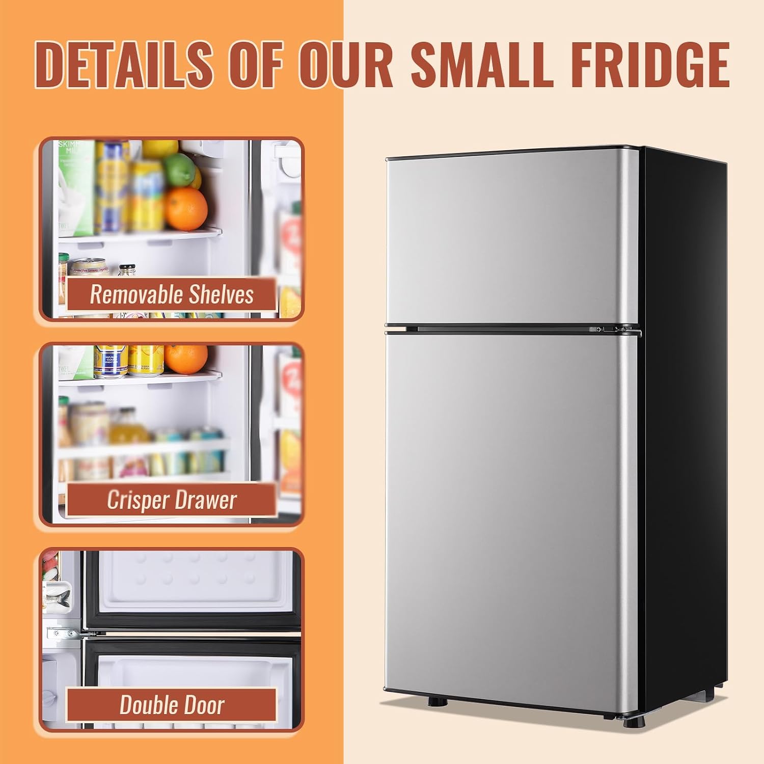 DEMULLER 2.4 Cu.ft Mini Fridge with Double Doors Silver Small Refrigerator with Separate Freezer & 7 Adjustable Temperature Control, Tiny Size & Personal Fridge Ideal for Office Apartment Dorm