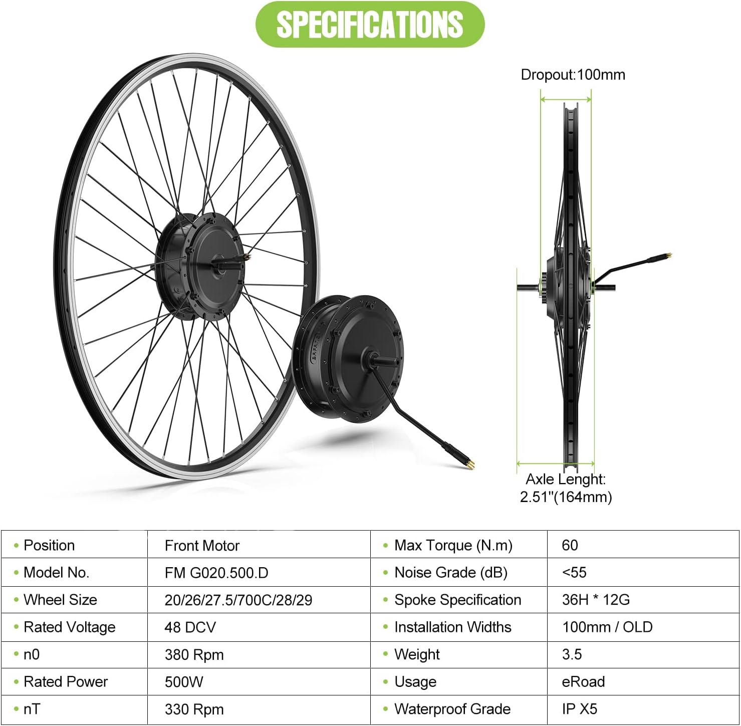 BAFANG G020 48V 500W Front Hub Motor Electric Bike Conversion Kit for 26'/700C Wheel Drive Engine with LCD Display &Optional Ebike Battery