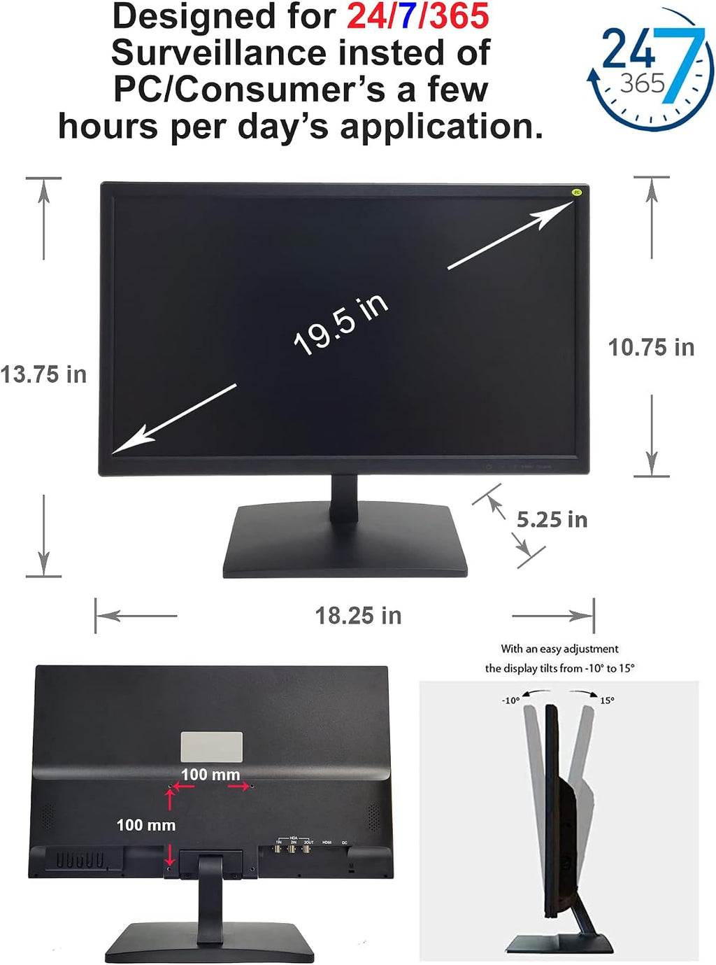 101AV 19.5' 5MP/2560x1920 Super-HD TVI, AHD, CVI & CVBS Professional Security Monitor ,1 HDMI, 2 BNC In & 1 Out, Working with Super-HD 5MP Security Cameras Directly in Addition to DVR/NVR & PC
