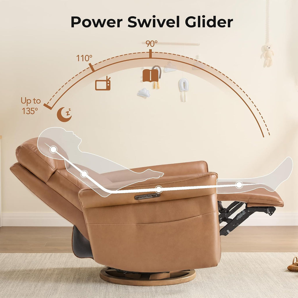 CHITA Genuine Leather Power Recliner Chair, Electric Triple-Motor Swivel Glider Nursery Rocking Chair with Adjustable Power Headrest and Lumbar Support, GREENGARD Gold Certified, Saddle Brown