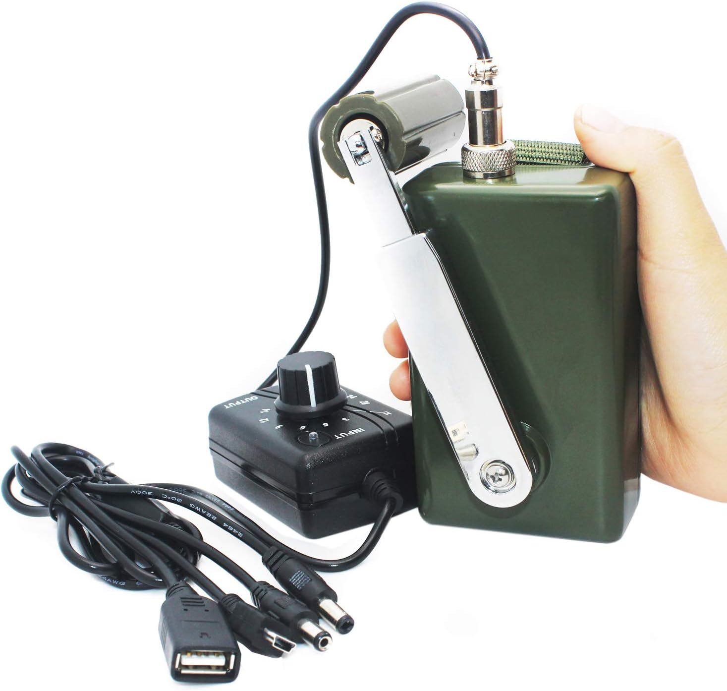 Hand Crank Generator High Power Charger for Outdoor Mobile Phone Computer Charging 30W / 0-28V with USB Plug (Green Generator + DC Regulator)
