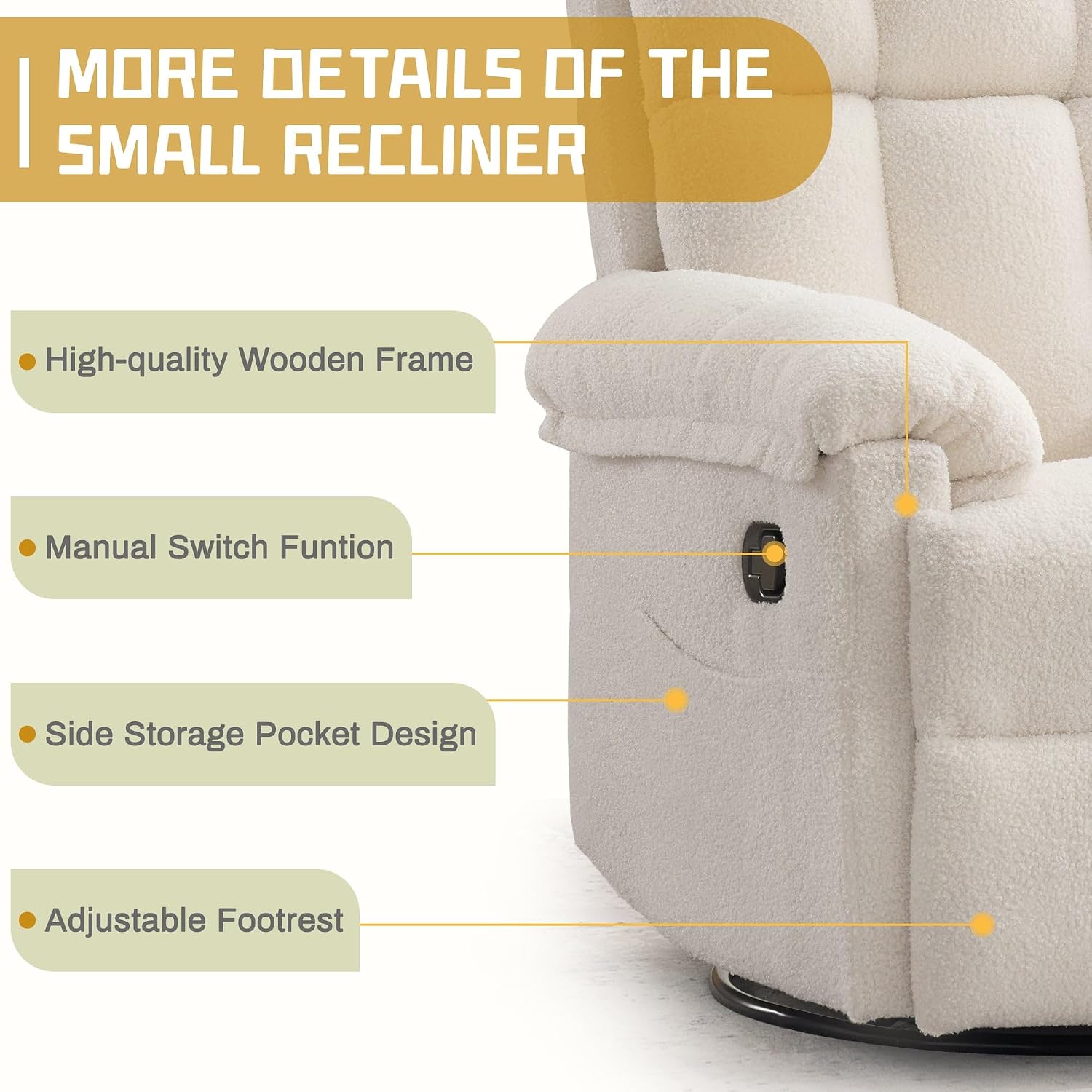 Korser Recliner Chair, Swivel Rocker Recliner Chair for Adults, Small Recliners for Small Spaces, Manual Recliner with Side Pockets, Upholstered Nursery Rocking Chair for Living Room, Sherpa, Beige
