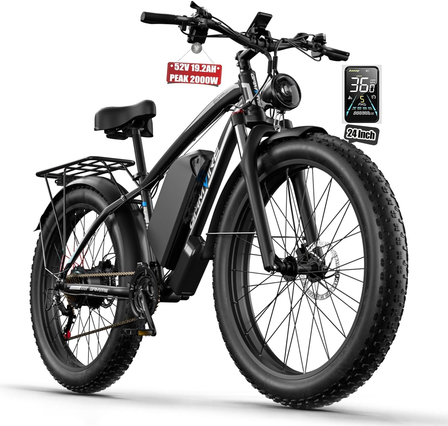 Ebike for Adults Electric, 52V 19.2Ah/32Ah, Peak 2000W/3000W Electric Bicycle, 36/40M P H, 70 Miles/100Miles, Off Road Snow Mountain E-Bike, Hydraulic Disc Brake, 24'/26' Fat Tire E Bike UL2849 by SGS