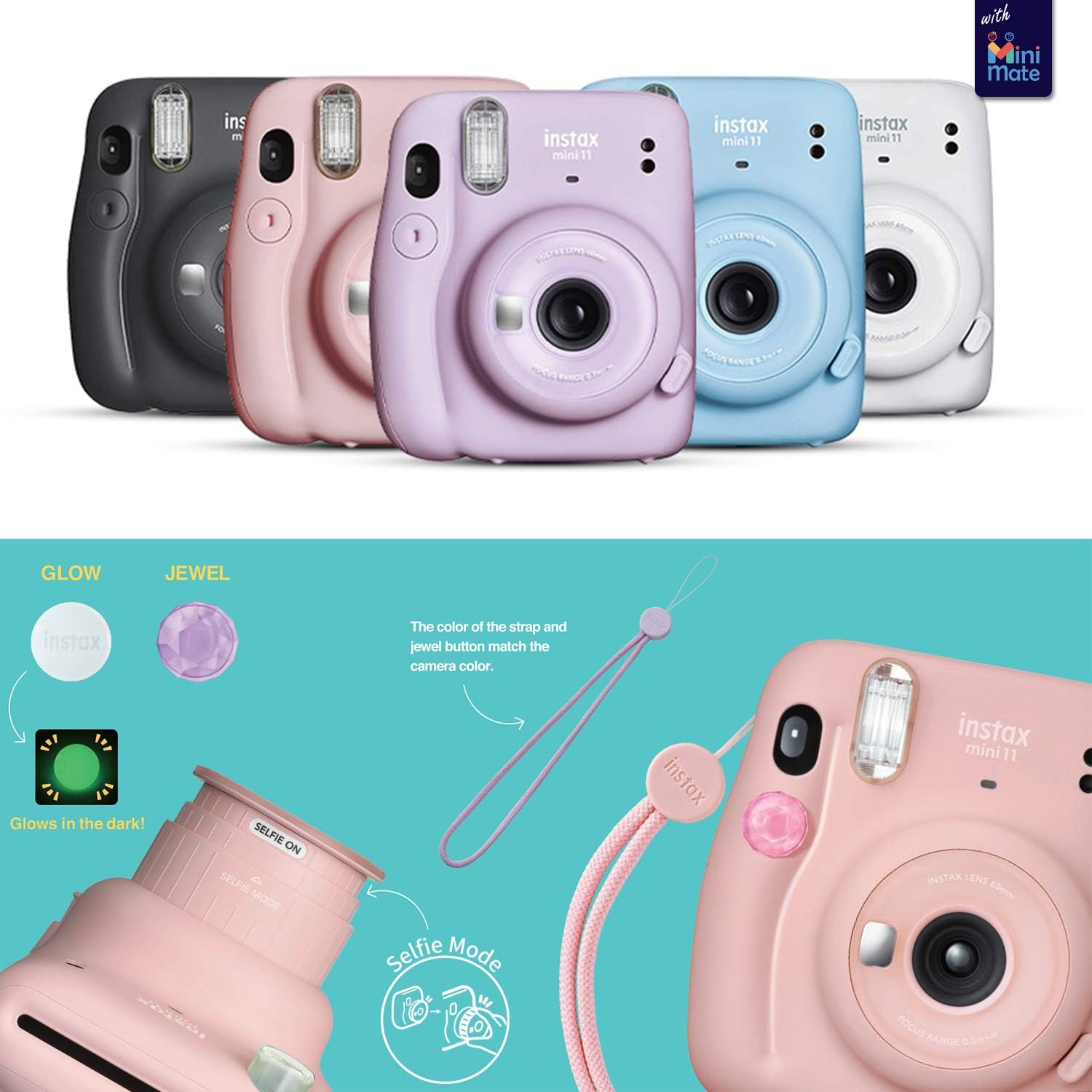 Fujifilm Instax Mini 11 Instant Camera Blush Pink + MiniMate Accessories Bundle + Fuji Instax Film Value Pack (40 Sheets) Accessories Bundle, Color Filters, Album, Frames
