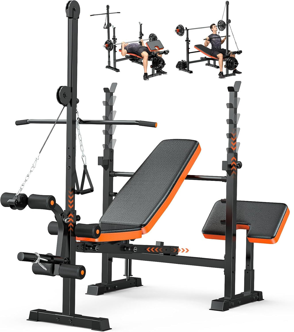 9-in-1 Adjustable Olympic Weight Bench with Lat Pulldown, Row, Squat Rack & Leg Curl – Multi-Function Strength Training Bench Press for Home Gym Full Body Workout