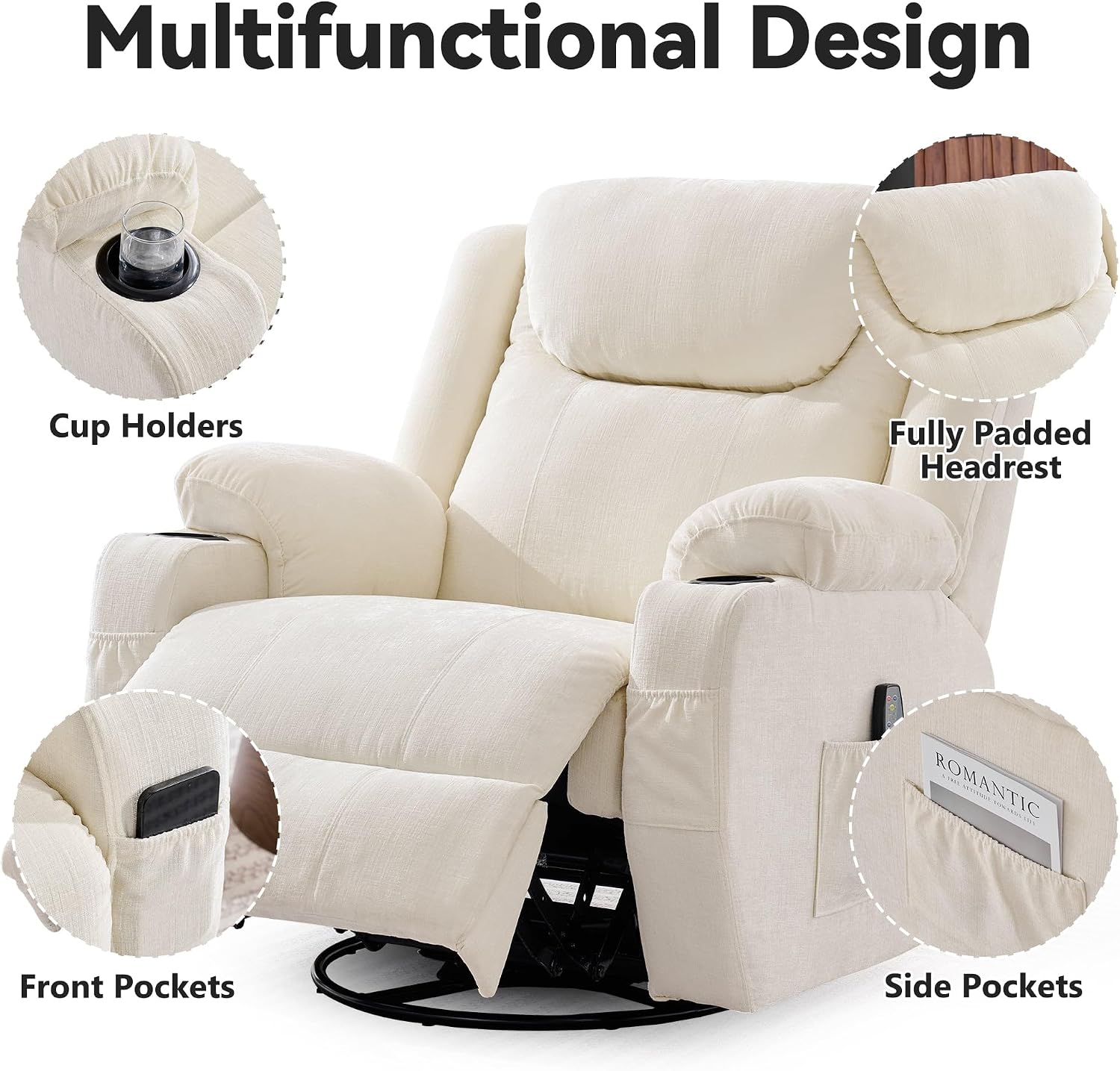 Korser Oversized Recliner Chair, 360° Swivel Recliner for Adults, Swivel Rocker Recliner Chair with Heat and Massage, Manual Recliner with Remote Control and Cup Holders for Living Room, Chenille