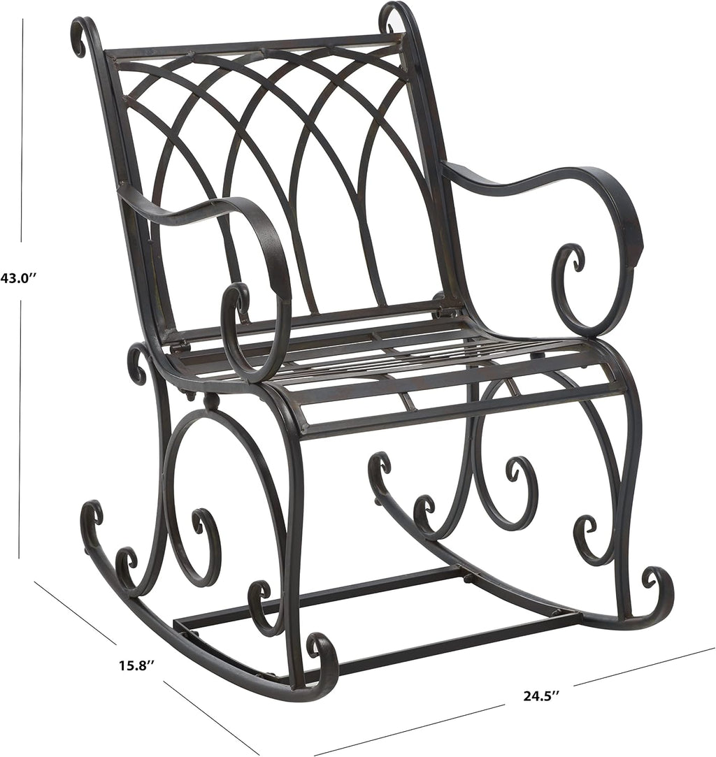 SAFAVIEH Outdoor - Medrano Iron Rocking Chair - Black Rust Iron Metal - Vintage Ornate Scrollwork Design - Ideal for Patio, Deck, Porch, Garden, 15' Seat Height (PAT5030E)