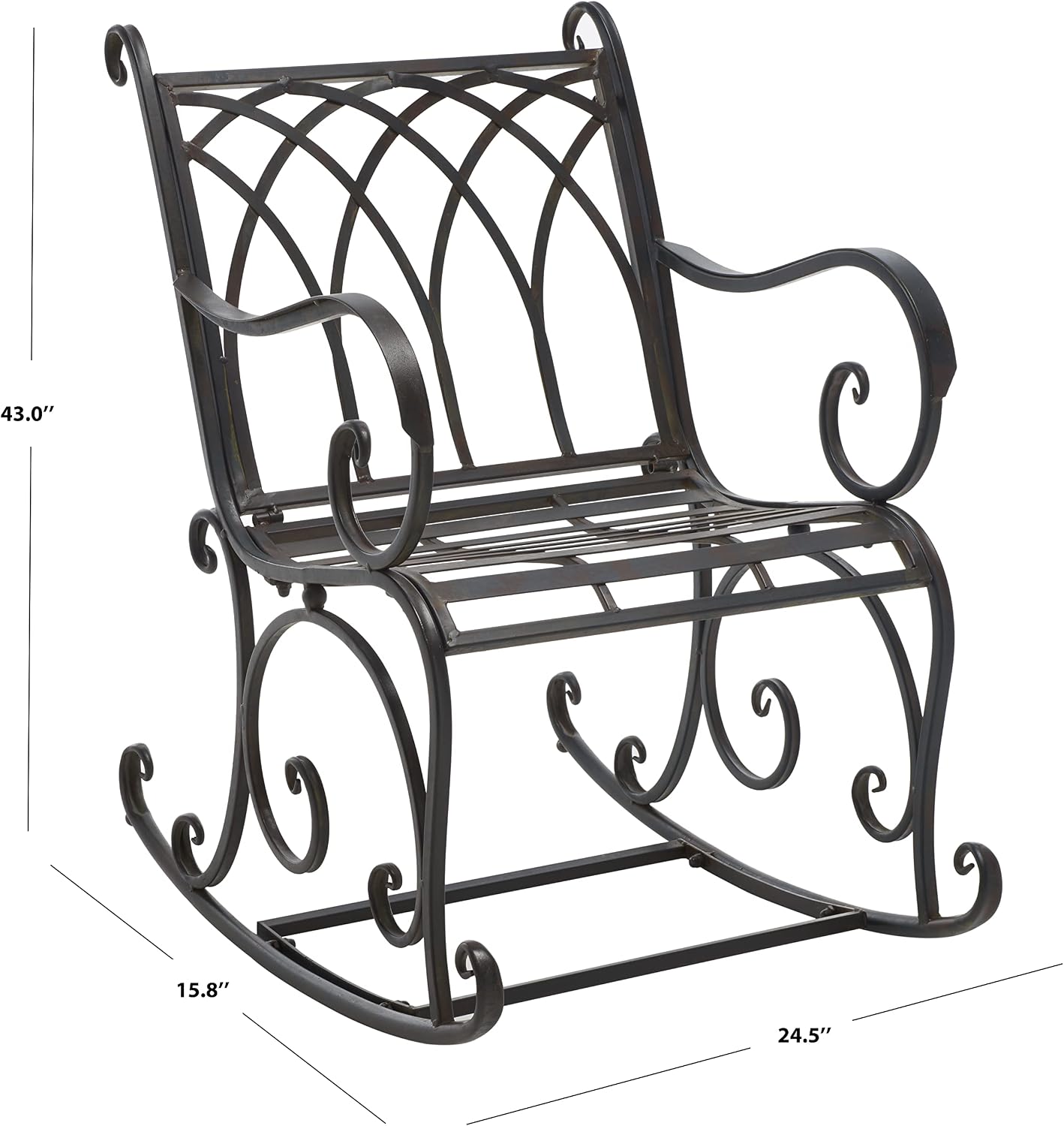 SAFAVIEH Outdoor - Medrano Iron Rocking Chair - Black Rust Iron Metal - Vintage Ornate Scrollwork Design - Ideal for Patio, Deck, Porch, Garden, 15' Seat Height (PAT5030E)