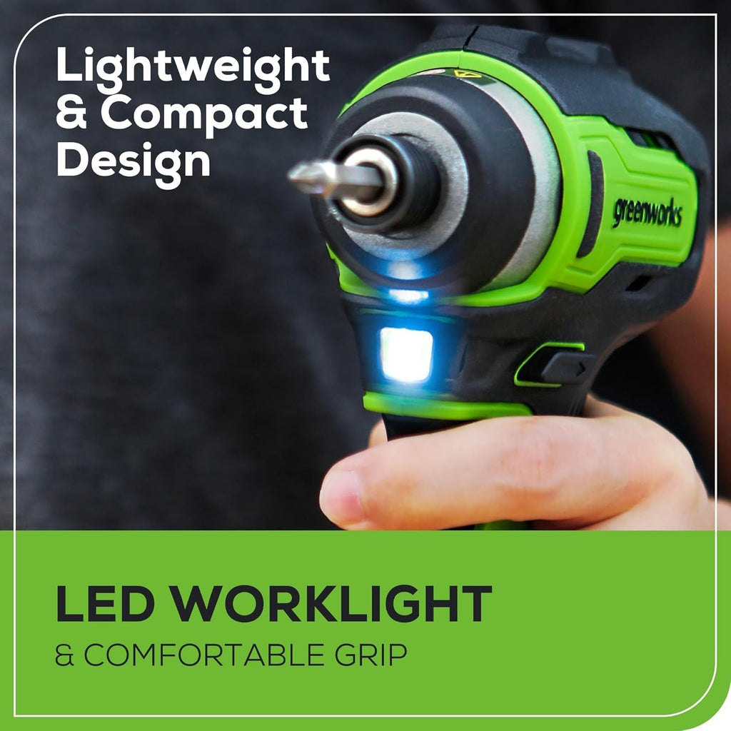 Greenworks 24V Cordless Impact Driver & 2-in-1 Work Light Kit with 2x 2Ah Batteries & Charger – Brushless, Lightweight for DIY, Home Repairs & Outdoor Use