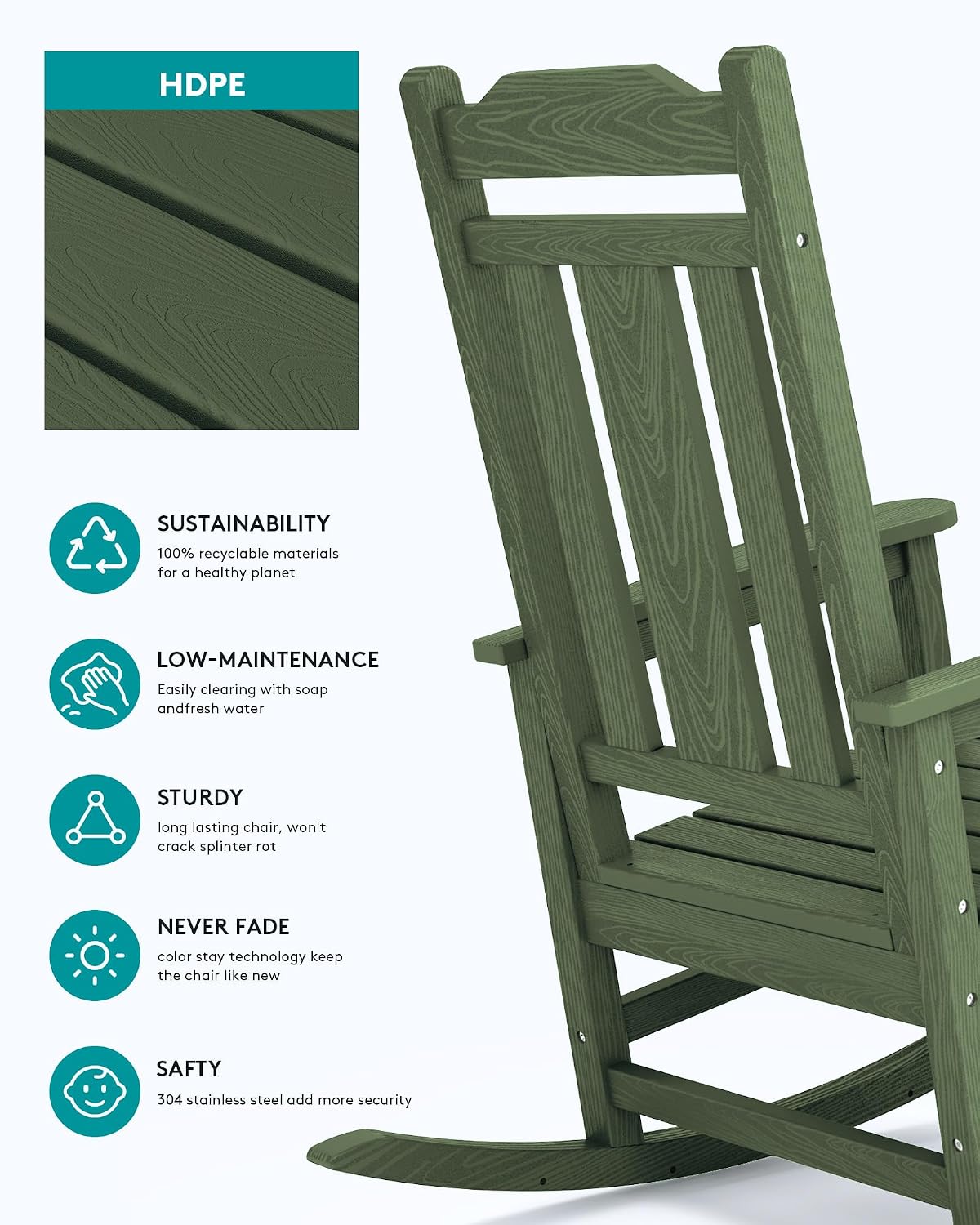 SERWALL Oversized Rocking Chair Set of 2 Outdoor, HDPE Outdoor Rocking Chair Set of 2, Avocado