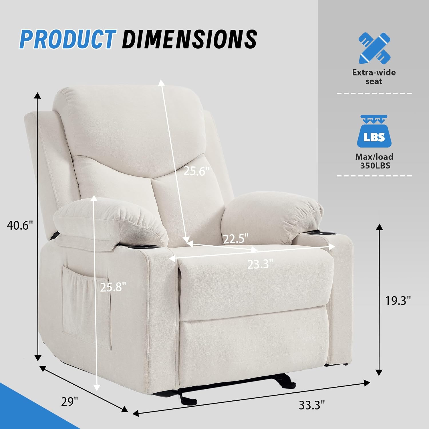 Manual Rocker Recliner Chair for Adults with Vibration Massage,Glider Rocking Recliner for Living Room Bedroom Nursery, Overstuffed Reclining Sofa Chair with Pockets and Cup Holds,Beige