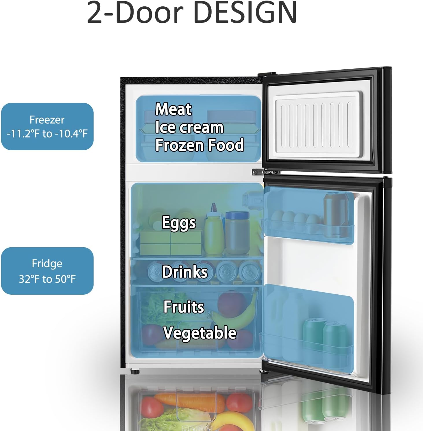 Saeoola Mini Fridge with Freezer, 3.2 Cu.Ft, 2 Doors Compact Mini Refrigerator with Separate Freezer for Dorm, Bedroom, Office, Apartment with 7-Level Temperature Control, Removable Shelves (Black)
