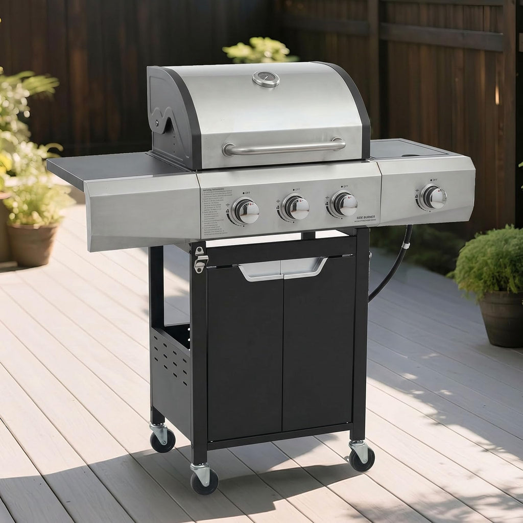 Endark 3-burner propane grill, 40,500 BTU with side-fire function. Stainless steel, enameled cast iron grate, thermometer, wheels. Perfect for patio and garden cooking