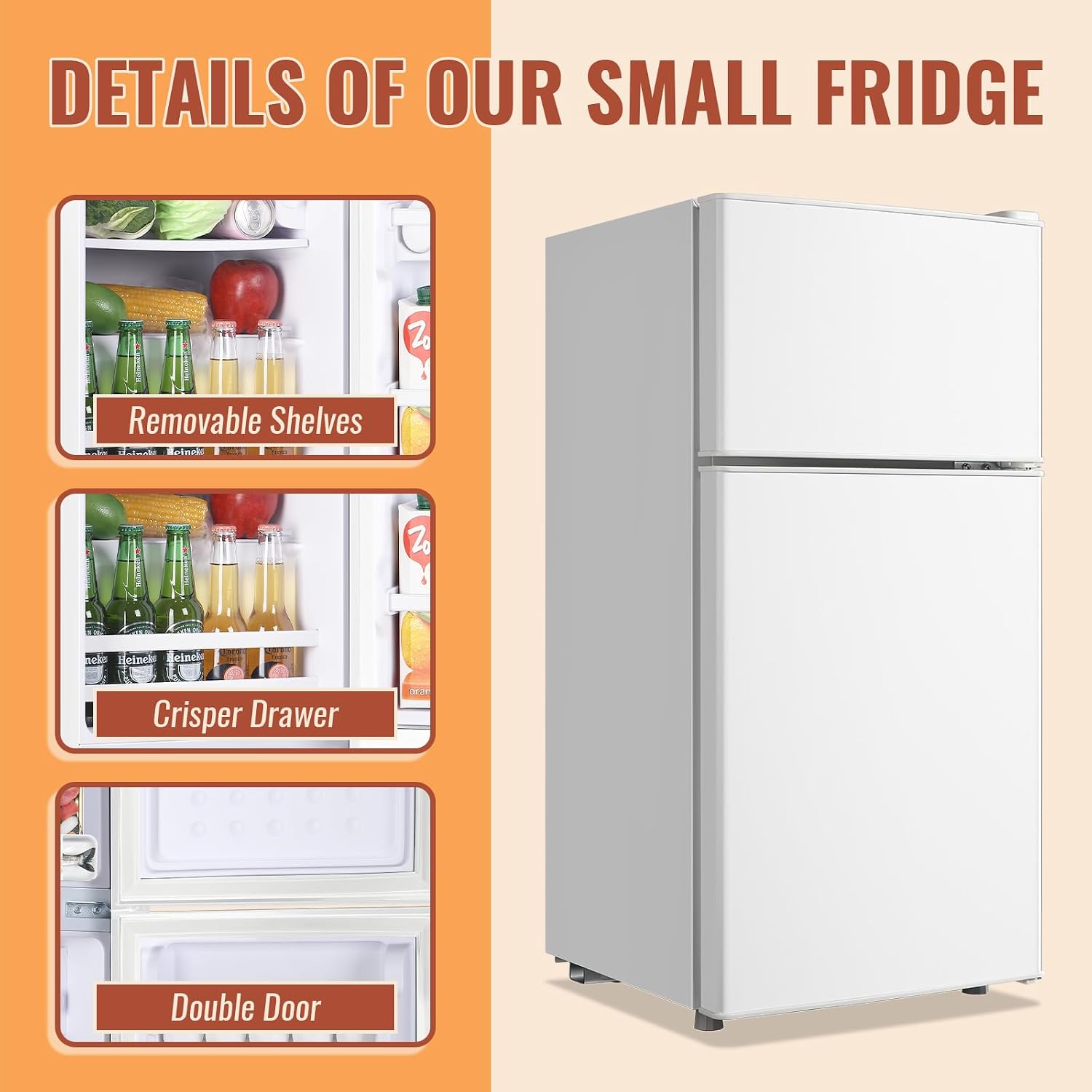 DEMULLER Small Refrigerator Mini Fridge with Double Doors & Separate Freezer & 7 Adjustable Temperature Control, Tiny Size & Personal Fridge Ideal for Office Apartment Dorm White