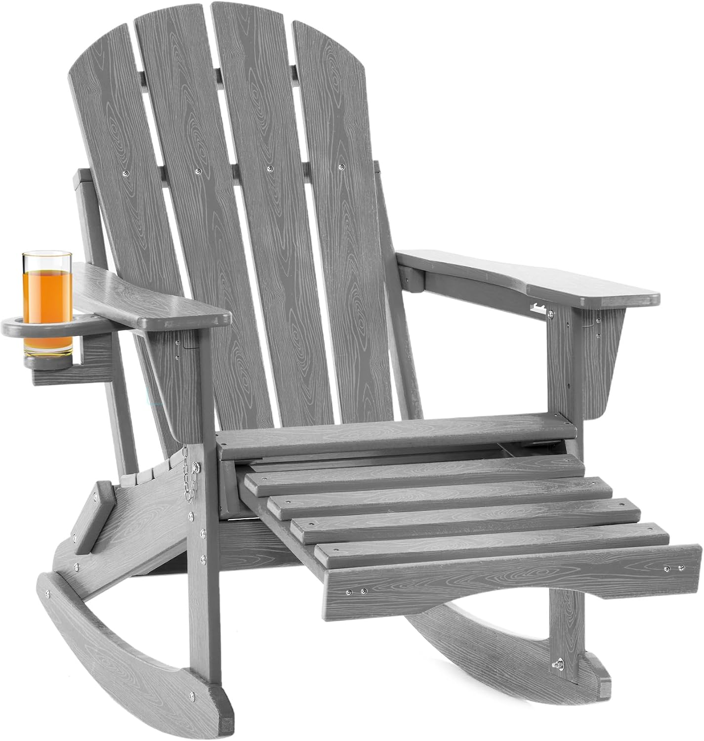 Adjustable Adirondack Rocking Chair with Retractable Ottoman, 4-in-1 Multifunctional Folding Patio Chair with Cup Holder, Outdoor Chair Wood Texture for Lawn, Porch, Backyard, Pool(Grey)