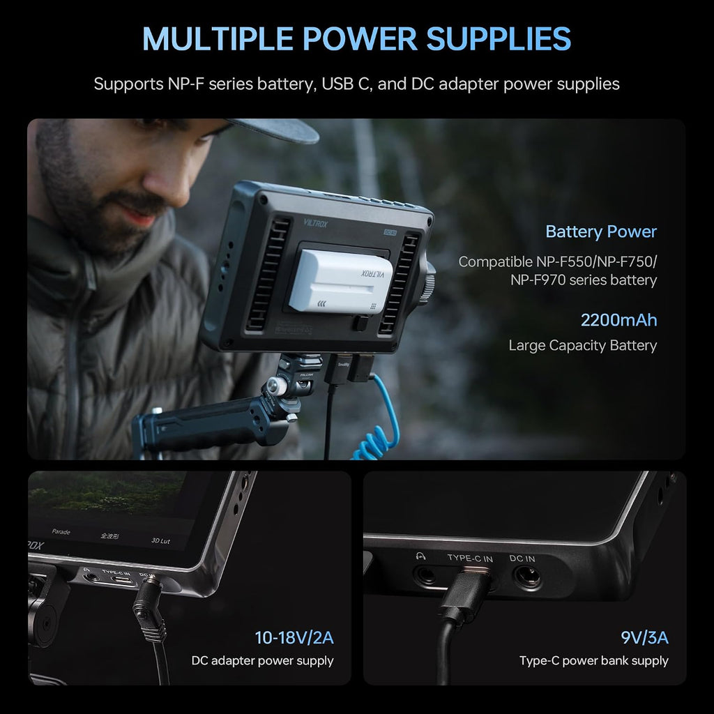 VILTROX DC-A1 2800Nits Camera Field Monitor Touchscreen with 7' Full HD1920x1080 IPS 4K HDMI Loop in/Out,3D LUTs Waveform Video Peaking Focus Assist, 170° Wide View Angle, Sunshade Hood & Battery