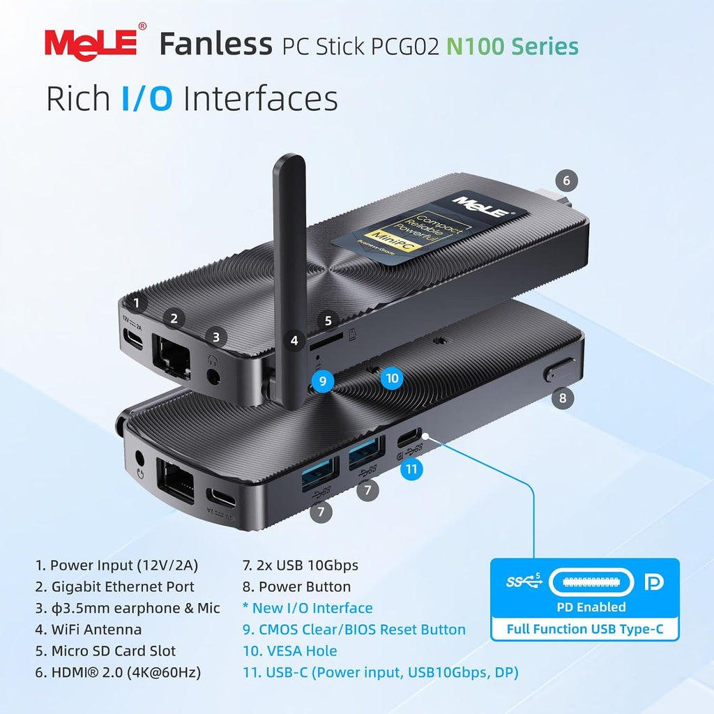 MeLE PCG02 Mini PC Stick Computer Windows 11 Home N100 (up to 3.4GHz) 4GB LPDDR5 128GB, HDMI + USB-C 4K Dual Display, 2.4GHz/5GHz Wi-Fi BT5.1 GbE, Fanless Small Desktop for IoT, Digital Signage, MES