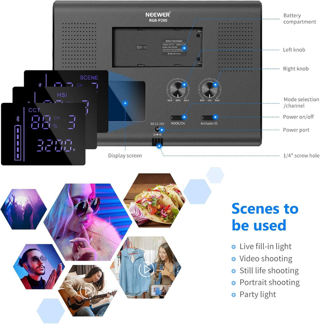 NEEWER 2 Pack RGB Video Light with Tripod Stands NP-F550 Batteries, Studio LED Panel Key Lighting Kit for Game Streaming YouTube Recording Photography Photoshoot Podcast, APP Control/CRI97+, RGB-P280