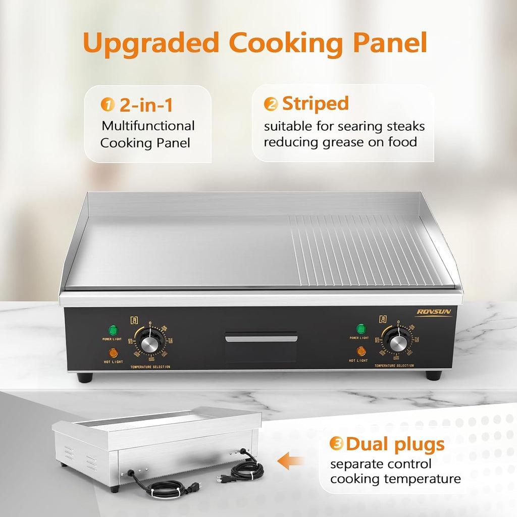 ROVSUN 26' Electric Griddle, Electric Countertop Half Flat Top Griddle, 3200W Grill Stainless Steel with Adjustable Temperature Control 122°F-572°F for Commercial Home Restaurant, Plug