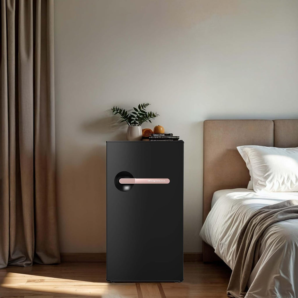 Frigidaire Retro Mini Fridge, 3.1 cu. ft., Energy Saving, Adjustable Thermostat, Dorm/Office/RV/Garage, Black–Rose Gold