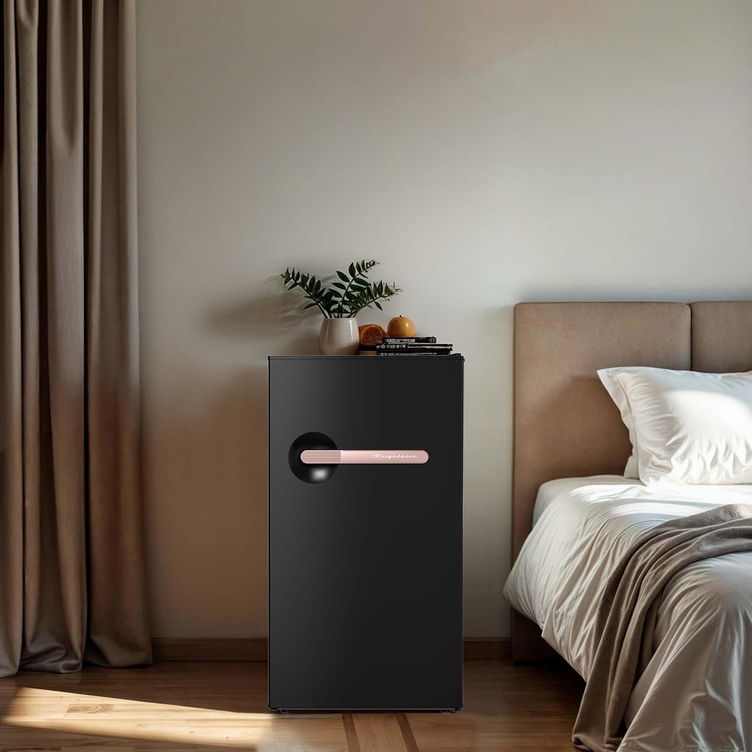 Frigidaire Retro Mini Fridge, 3.1 cu. ft., Energy Saving, Adjustable Thermostat, Dorm/Office/RV/Garage, Black–Rose Gold