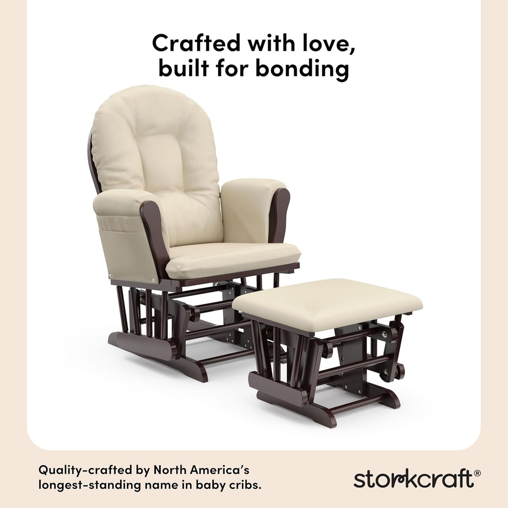 Storkcraft Premium Hoop Glider & Ottoman (Espresso with Beige) — GREENGUARD Gold Certified, Solid Wood Craftsmanship, Convenient Storage Pockets, Glider Rocking Chair for Nursery, Multi-Award-Winning