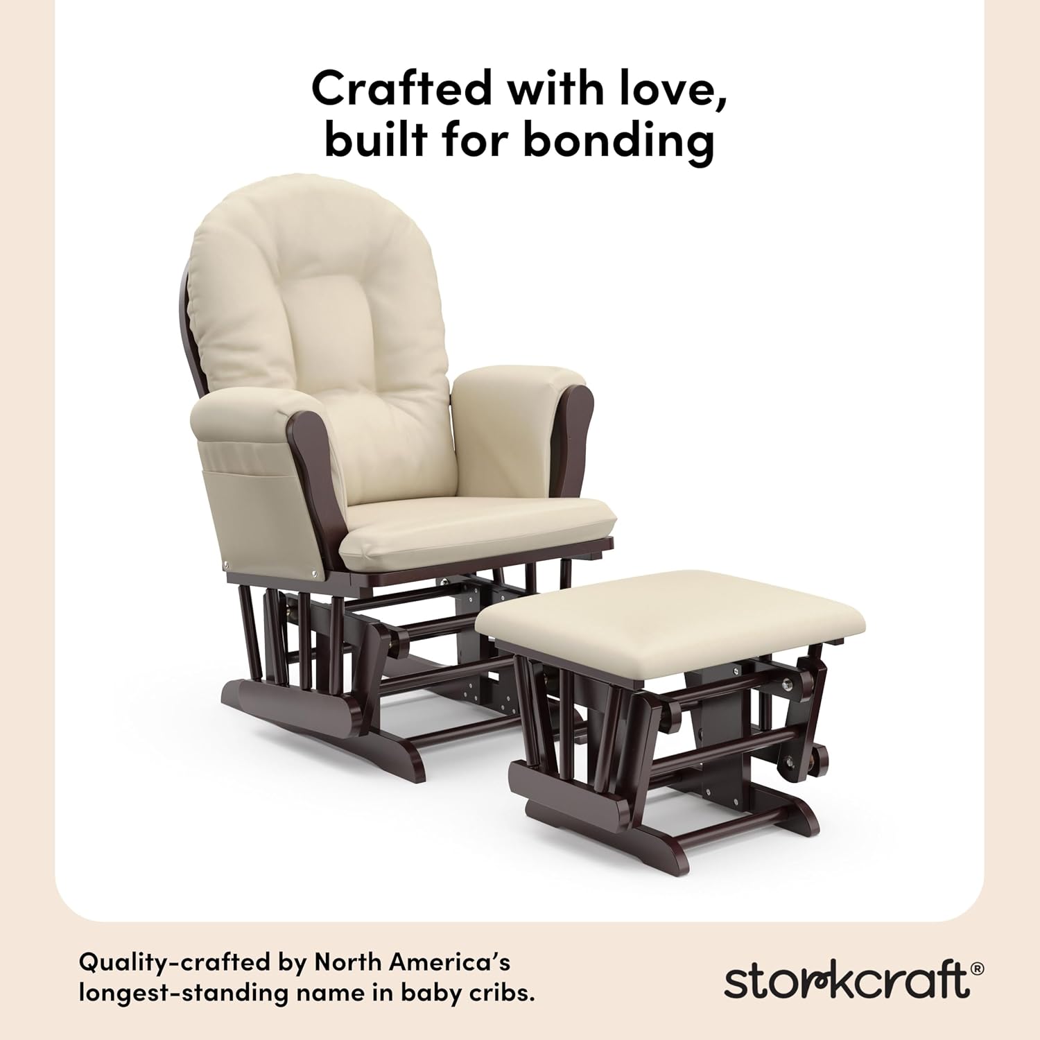 Storkcraft Premium Hoop Glider & Ottoman (Espresso with Beige) — GREENGUARD Gold Certified, Solid Wood Craftsmanship, Convenient Storage Pockets, Glider Rocking Chair for Nursery, Multi-Award-Winning