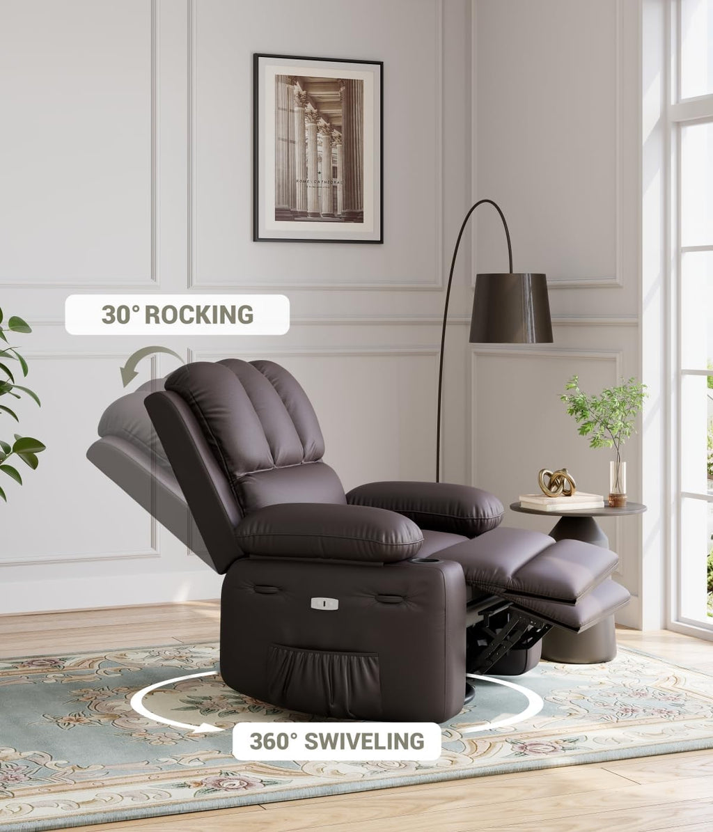 GarveeHome Oversized Power Recliner Chair with Heat and Massage - 360° Swivel Faux Leather Rocking Chair for Adults with Cup Holder for Living Rooms, Bedrooms, and Nurseries - Brown