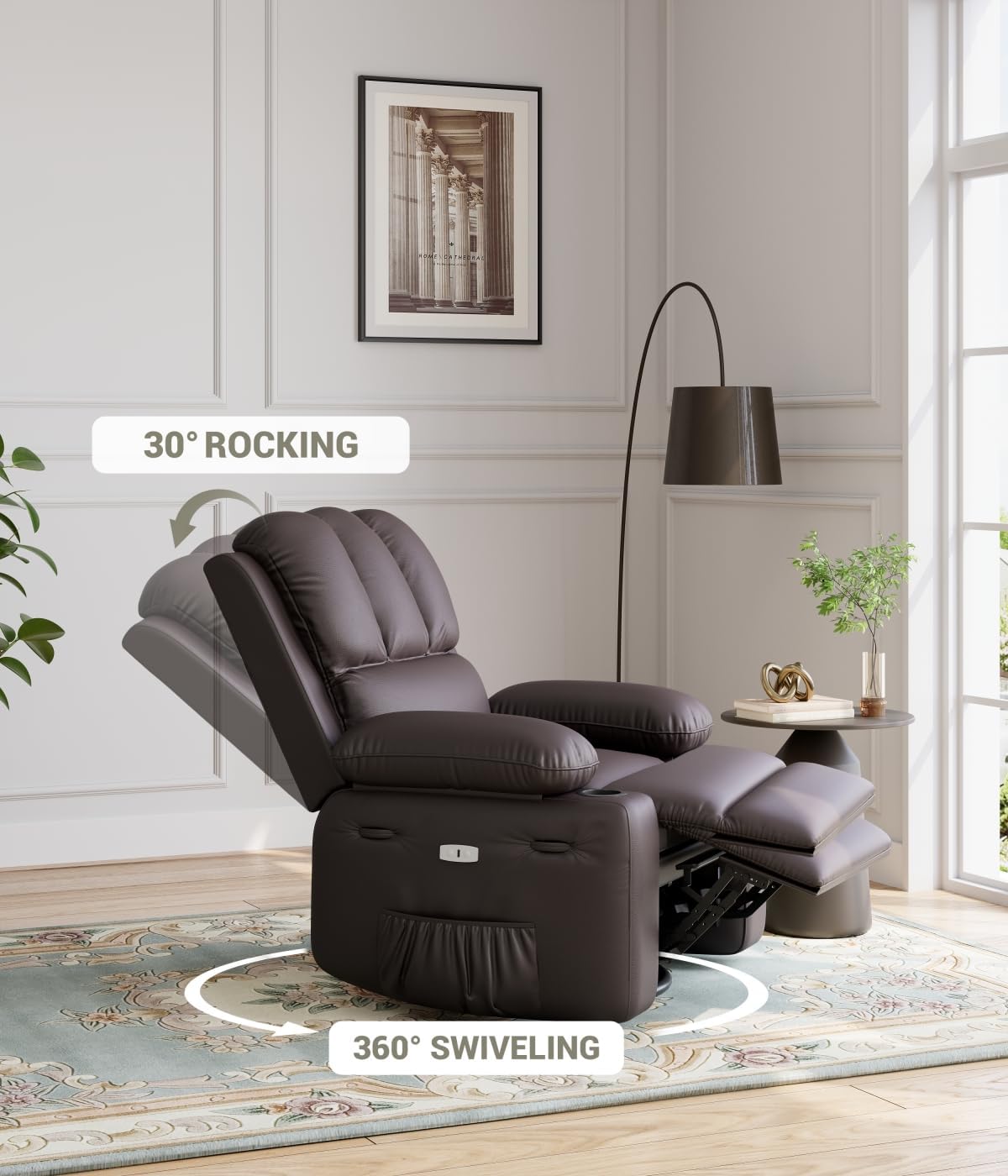 GarveeHome Oversized Power Recliner Chair with Heat and Massage - 360° Swivel Faux Leather Rocking Chair for Adults with Cup Holder for Living Rooms, Bedrooms, and Nurseries - Brown