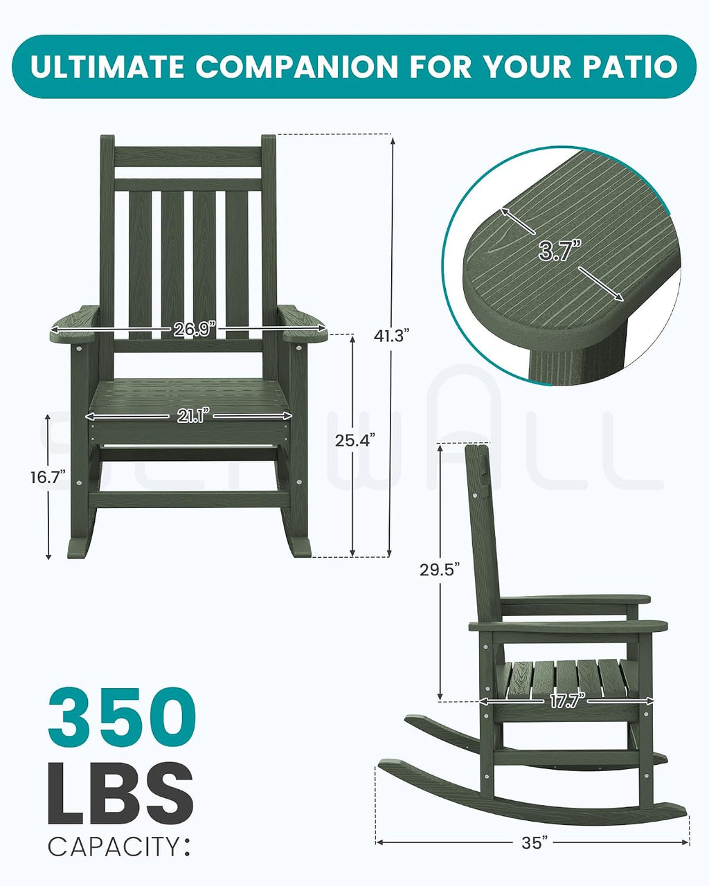 SERWALL Oversized Outdoor Rocking Chair Set of 2, HDPE Rocker for Adults, Patio Rocking Chairs for Porch, Avocado Green