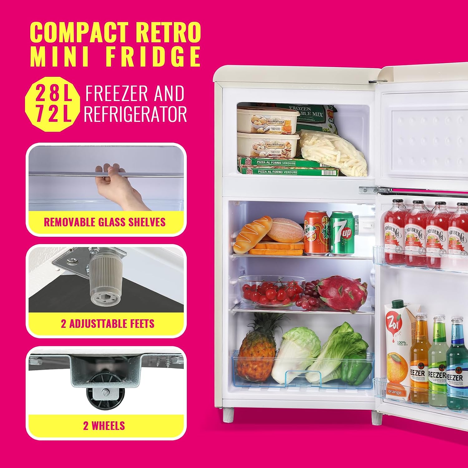 DEMULLER Mini Fridge Dual Door Refrigerator with Freezer, 3.5 Cu.Ft Compact Refrigerator with Handle, Adjustable Temperature & Removable Glass Shelves, for Apartment/Dorm/Office/RV, Black