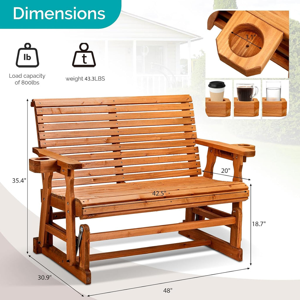 VINGLI Outdoor Glider Wood Patio Chair with Cup Holders, Outdoor Bench Glider Loveseat with Smooth Rocking Mechanism, Heavy Duty 800 LBS