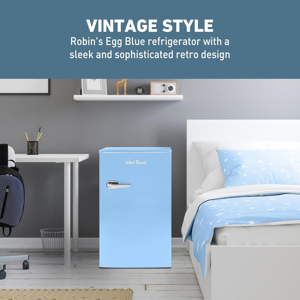 West Bend Mini Fridge for Bedroom, Office, Bar or College Dorm Room, Retro Compact Refrigerator features single door, glass shelves and adjustable temperature control, 3.0-Cu.Ft., Robin's Egg Blue