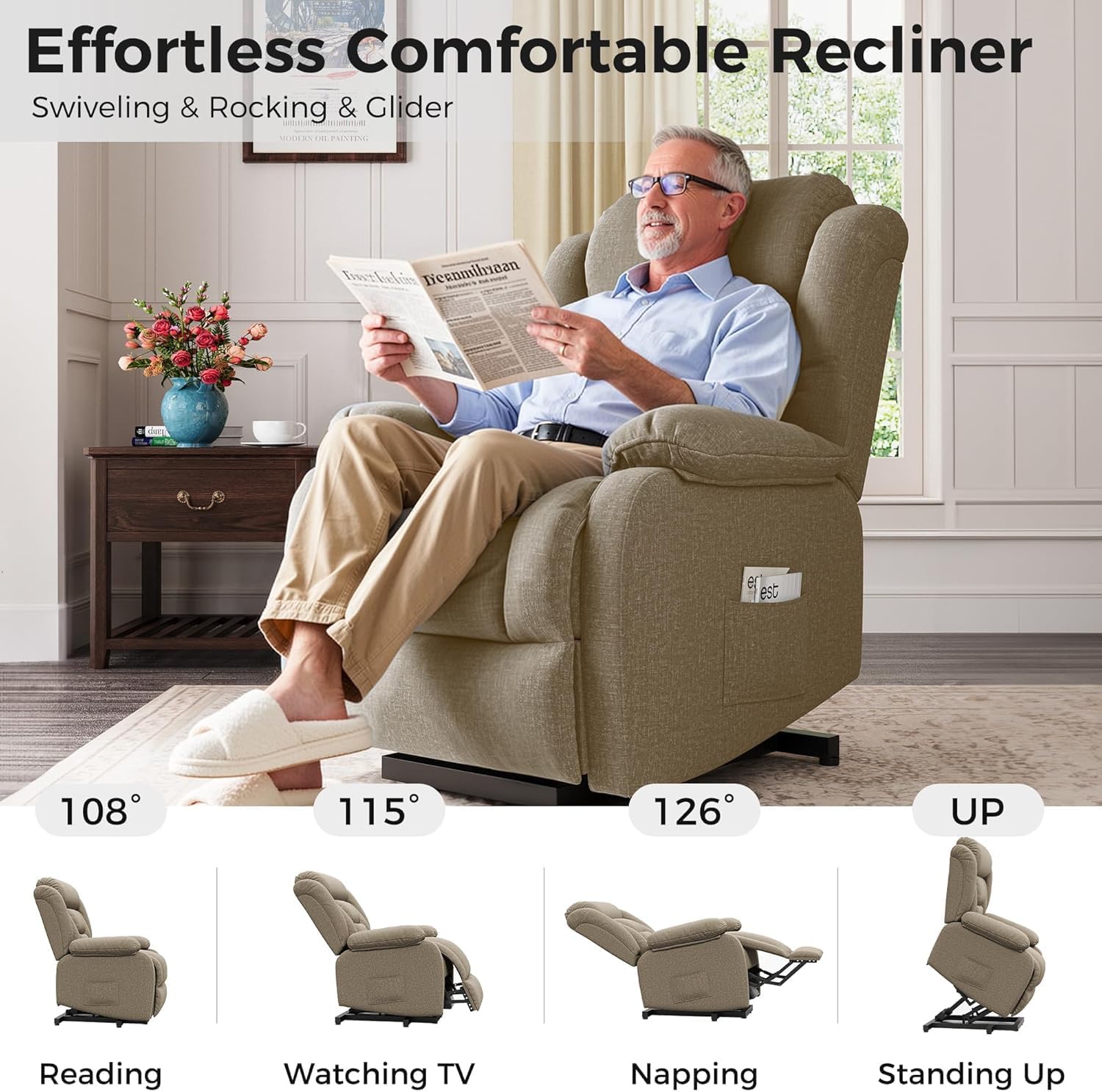 Amopatio Lift Recliner Chair for Elderly Upgraded Reclining Chairs Indoor Lounge Chairs Single Sofa with Side Pockets and Remote Control for Living Room Bedroom（Brown）