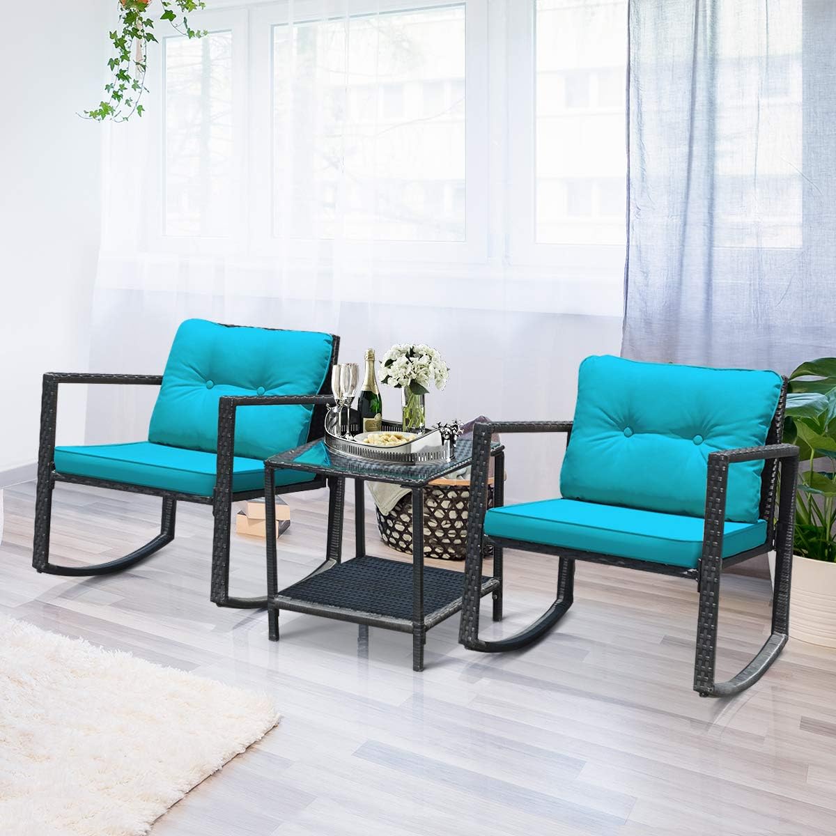 Tangkula 3 Pieces Patio Wicker Rocking Bistro Set, Outdoor Rocking Chair Furniture Set w/Cushioned Seat, Conversation Set w/Glass Coffee Table and Storage Shelf (Turquoise)