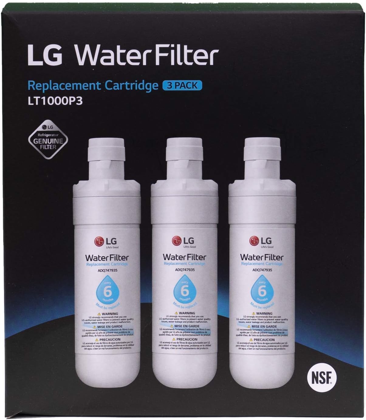 LG LT1000P3 6-Month / 200 Gallon Refrigerator Replacement Water Filter, 3 Count (Pack of 1), White